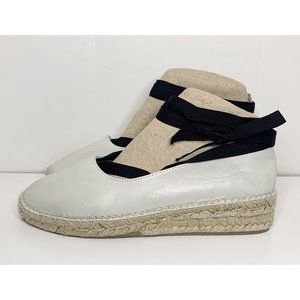 Zara Leather Flats Black Ribbon Tie Ankle Wrap Off White Rope Women’s EU 39 US 9